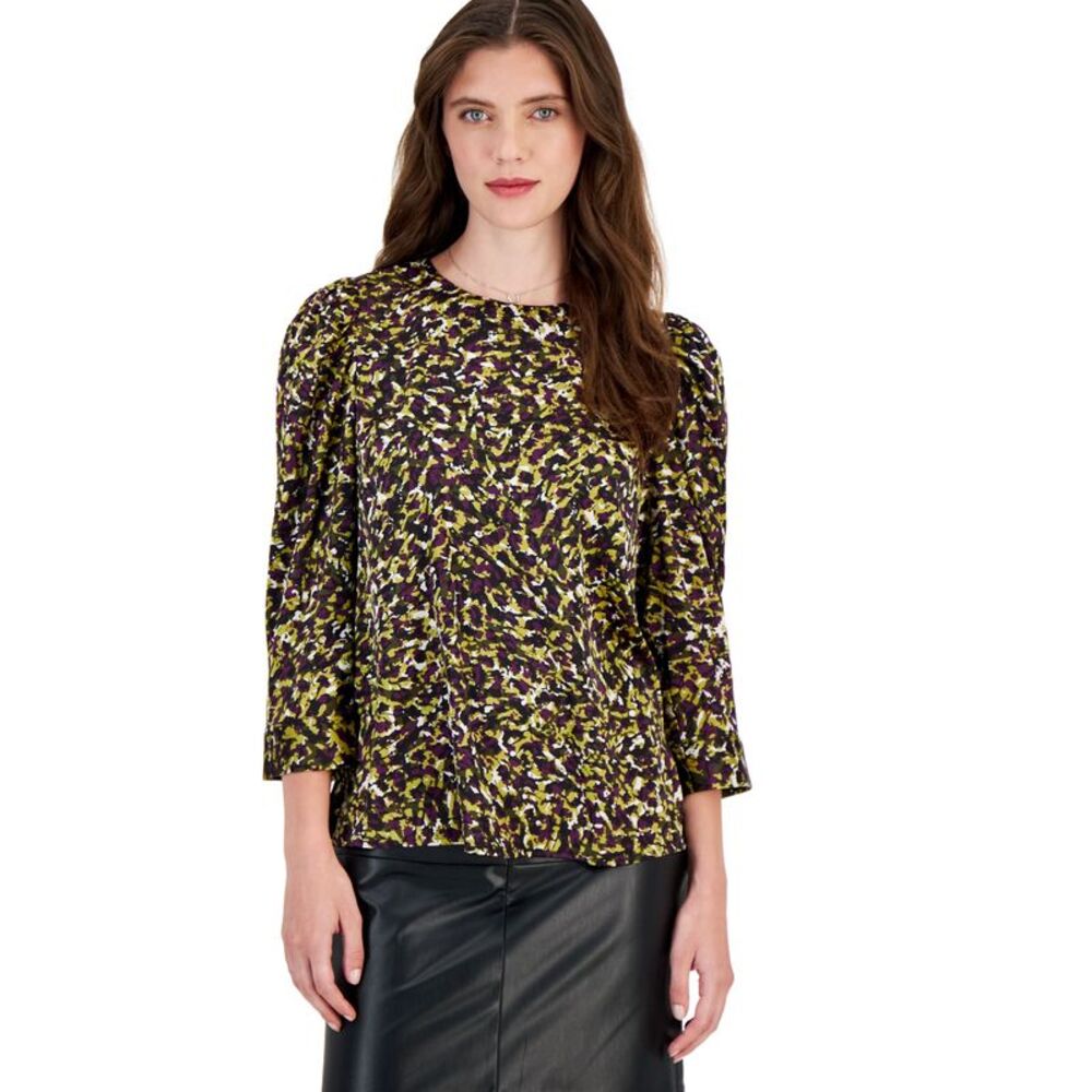 Women's Multi-Print Scoop-Neck Puff-Shoulder Blouse
